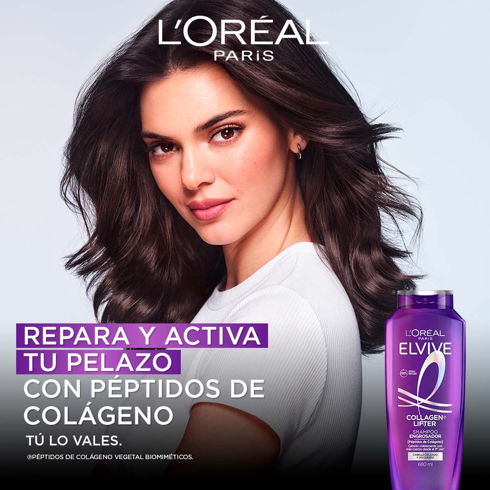 Shampoo Engrosador de Cabello Elvive Colágeno con el mensaje "Pelazo desde la raíz" para aportar más cuerpo al cabello desde el lavado.