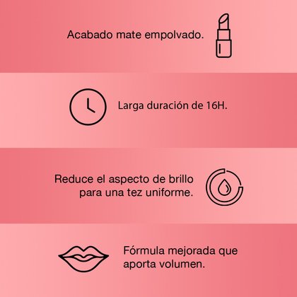 Acabado mate empolvado, larga duración de 16 horas, reduce el impacto de brillo para una tez uniforme. Fórmula mejorada que aporta volumen. Perú.