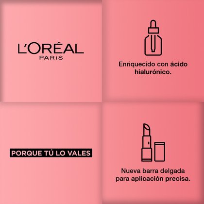 Logo L'Oréal Paris. Enriquecido con Ácido Hialurónico. Porque tú lo vales, nueva barra delgada para aplicación precisa Perú.
