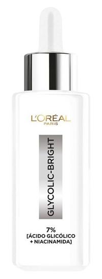 Serum Glycolic Bright de L'Oréal Paris para el cuidado facial, en envase de frasco con gotero.