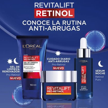 Rutina Revitalift Retinol: Sérum, crema de día, gel.